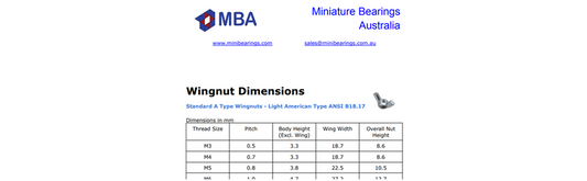 Metric Wingnut Dimension Chart