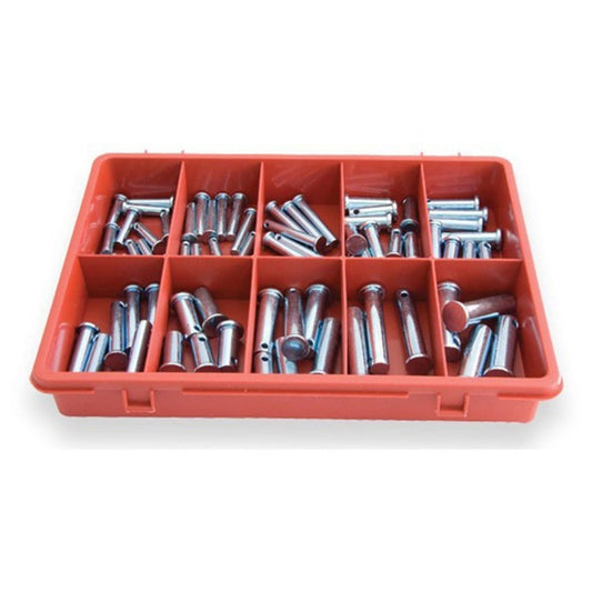 All Assortment Kits - Selection Clevis Pins 83 - 15 Sizes of standard imperial clevis pins in a metal drawer -no lid-