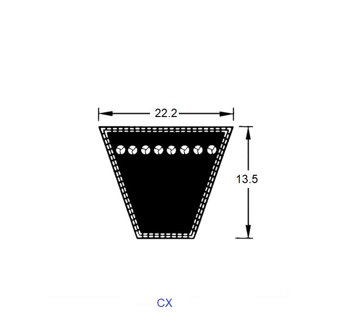 1220216 | BV22-01524-CX60 --- Vee Belts - 1524.0 - 60.0 in. - mm - - - 22.2 x 13.5mm Notched CX - Natural Rubber - Raw Edge Belt