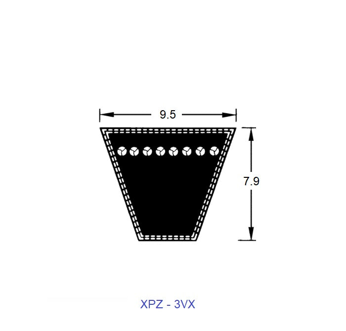 1219293 | BV10-00953-3VX375 --- Wedge Belts - 952.5 mm - - - 9.5 x 7.9mm - Natural Rubber - Fabric Jacket Belt
