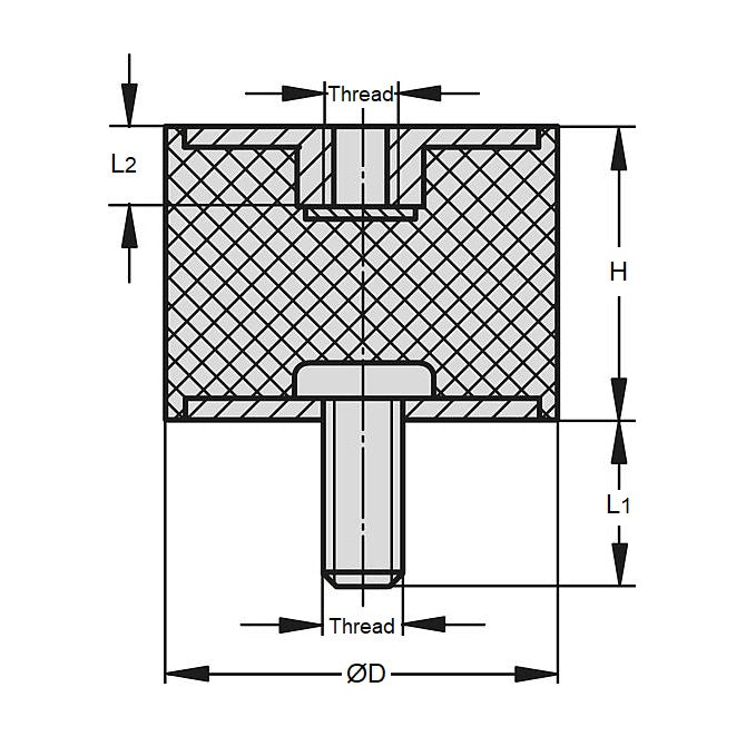 1089307 | CMF010-08-040M-R60 --- Bobbin Mounts - 10x8 mm - M4x0.7 Male to Female - Natural Rubber Mount