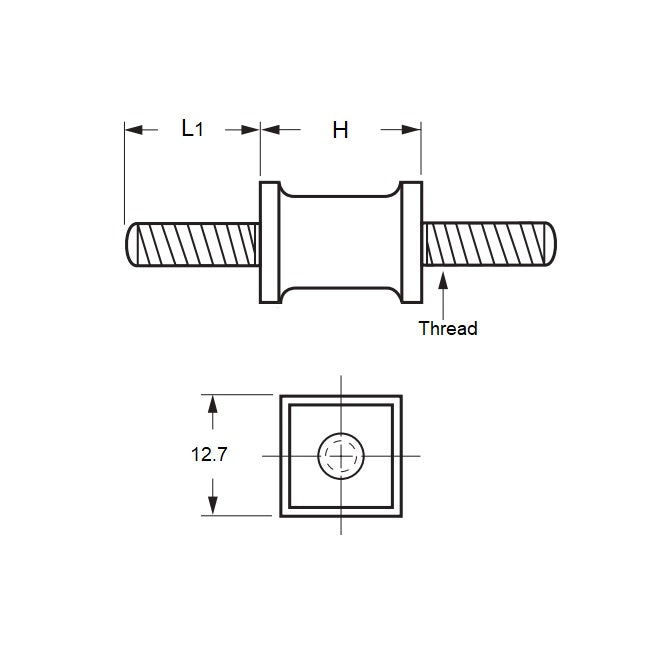 1100742 | CMM013-14-042C-R60SQ --- Square Base Bobbin Mounts - 12.7x14.3 mm - 8-32 UNC - 32 TPI - - Natural Rubber Mount