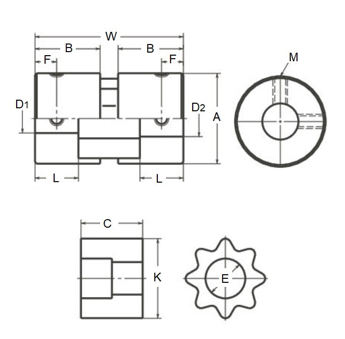 1070154 | CP-064-064-20-034-J-SPLN-X --- Spline Type Couplings - 6.35x6.35x20 mm Complete - Aluminium and Rubber Coupling