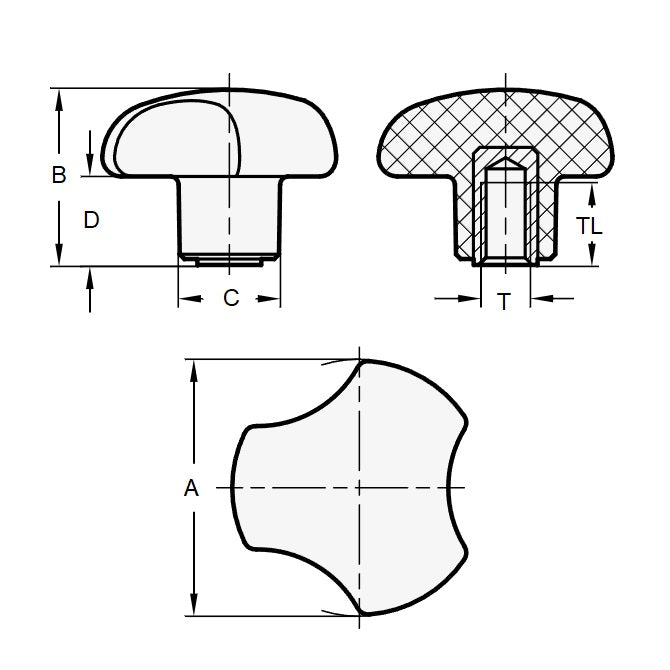 1067859 | KF060M-032-3L (5 Pcs) --- Lobe Knobs - M6 - 6x1mm - 32x12 mm Three Lobe - Brass Knob