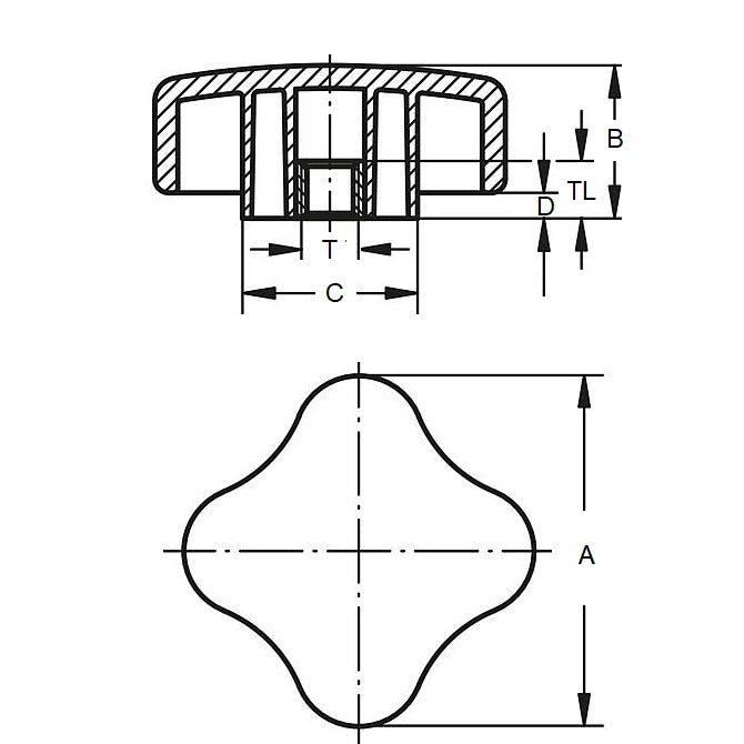 1072546 | KF064C-030-4L --- Lobe Knobs - 1/4-20 UNC - 6.35mm - 29.97x9.7 mm Four Lobe - Brass Knob