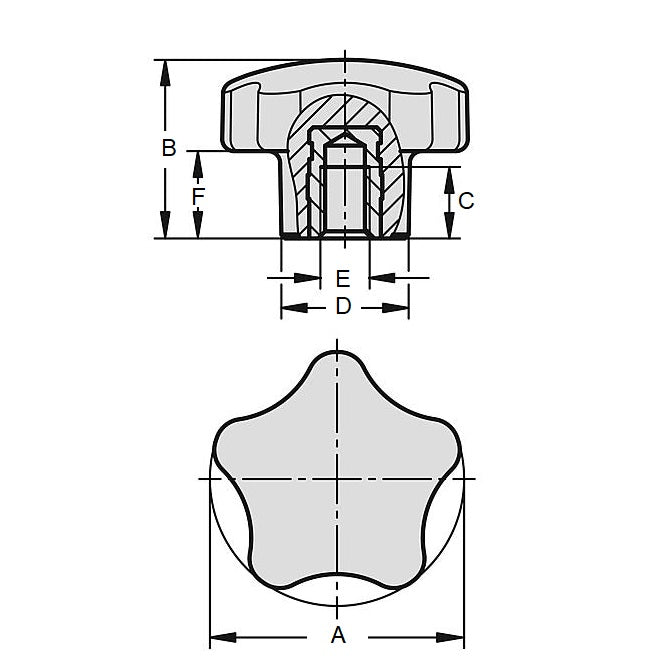 1086741 | KF095C-050-5L-BR16A --- Lobe Knobs - 3/8-16 UNC - 9.53mm - 50.04x16 mm Five Lobe - Brass Knob
