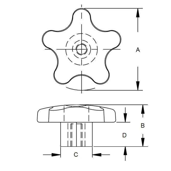 1086859 | KF095C-057-5L-PA --- Lobe Knobs - 3/8-16 UNC - 9.53mm - 57.15x25.4 mm Five Lobe - Steel with Knob Lock