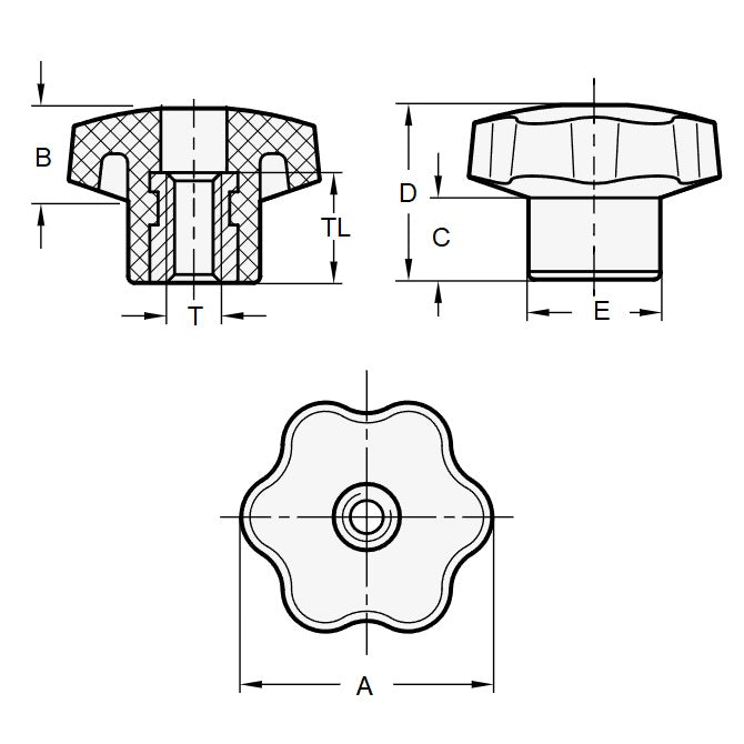 1068062 | KF060M-040-6L-PBR --- Lobe Knobs - M6 - 6x1mm - 40x18 mm Six Lobe - Brass Knob