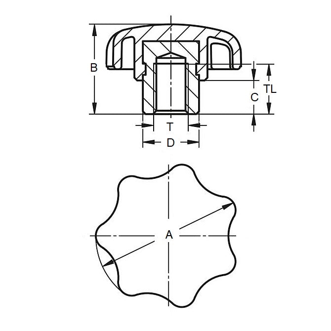 1053697 | KF040M-025-7L-ST --- Lobe Knobs - M4 - 4x0.7mm - 25x10 mm Seven Lobe - Steel Knob