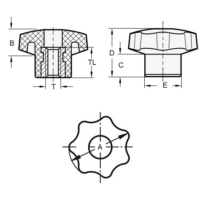1226025 | KF080M-032-7L-P --- Lobe Knobs - M8 - 8x1.25mm - 32x20 mm Seven Lobe - Brass Knob