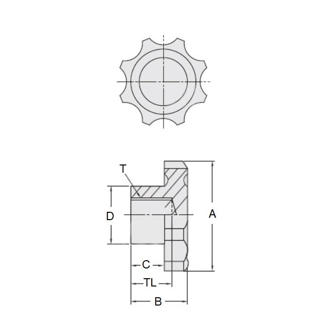1092096 | KF100M-040-8L --- Lobe Knobs - M10 - 10x1.5mm - 40x17 mm Eight Lobe - Phenolic and Brass Knob