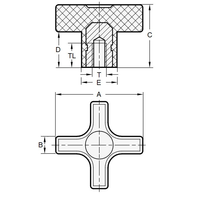 1072610 | KF064C-032-CB --- Cross Knobs - 1/4-20 UNC - 6.35mm - 31.75x11.1 mm Female - Brass Knob