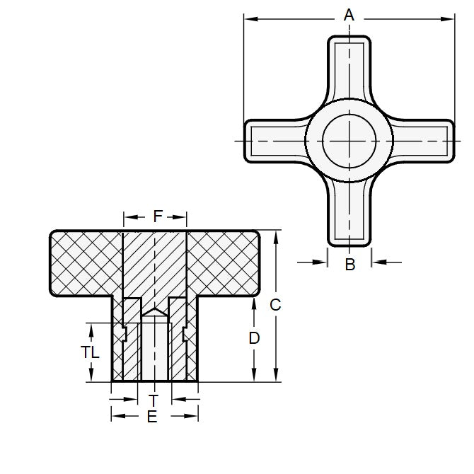 1073217 | KF064C-057-CH --- Cross Knobs - 1/4-20 UNC - 6.35mm - 57.15x15.9 mm Female - Brass Knob