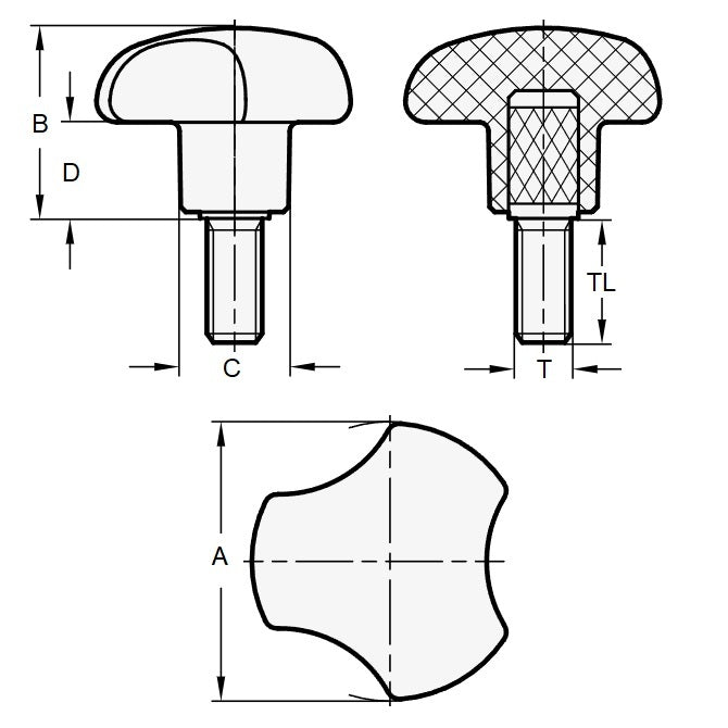 1086612 | KM095C-040-3L --- Lobe Knobs - 3/8-16 UNC - 9.53mm - 39.88x25.4 mm Three Lobe - Plated Steel Knob