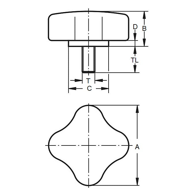 1057422 | KM048C-020-4L19 --- Lobe Knobs - 10-24 UNC - 4.76mm - 20.07x19.1 mm Four Lobe - Plated Steel Knob
