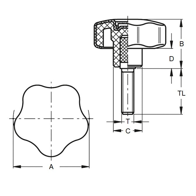 1059292 | KM048F-025-5LSFT19-ST --- Lobe Knobs - 10-32 UNF - 4.76mm - 25x19.1 mm Five Lobe - Plated Steel and Plastic Knob