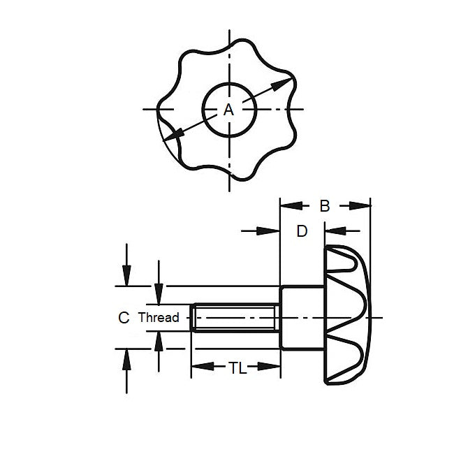 1059289 | KM048F025-7L10-ST (5 Pcs) --- Lobe Knobs - 10-32 UNF - 4.76mm - 25x10 mm Seven Lobe - Plated Steel Knob