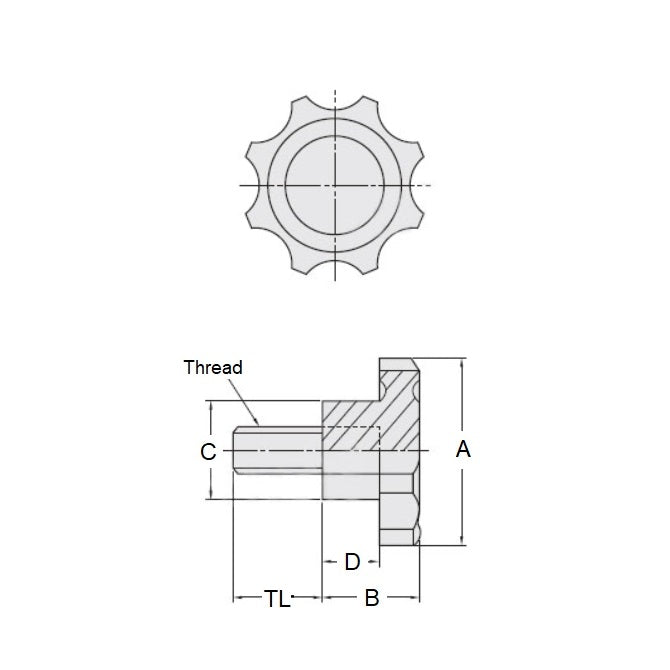 1098550 | KM120M-050-8L15 --- Lobe Knobs - M12 - 12x1.75mm - 50x15 mm Eight Lobe - Phenolic and Brass Knob
