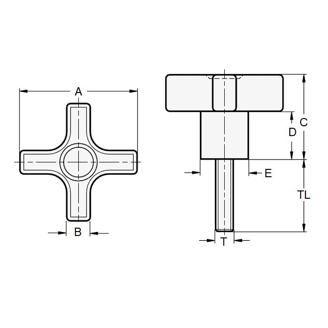 1072619 | KM064C-032-CSP25 --- Cross Knobs - 1/4-20 UNC - 6.35mm - 31.75x25.4 mm Male - Plated Steel Knob