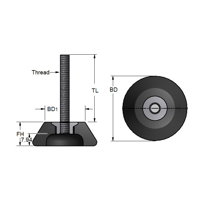 1141547 | TMF-603-ARS --- Levelling Bonded Neoprene Mounts - 31.0 to 81.5 Kg 2.032x5.08 mm With Stud