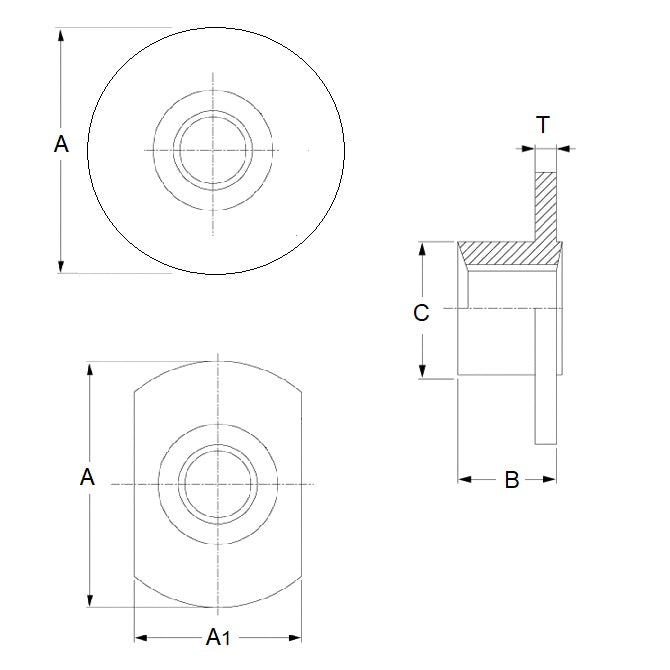 1069735 | NT064C-RW-CS (10 Pcs) --- Weld Steel Nuts - 1/4-20 UNC - 6.35mm - Round Base 19.05 mm