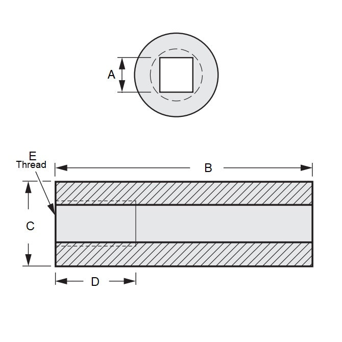 1103684 | SLQ-1270-1984-06985-T --- Square Hole Sleeves - 12.827x19.837x69.85 mm Threaded - Carbon Steel 11L17 Sleeve