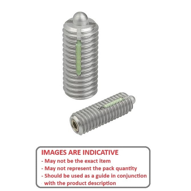 1091301 | PLBT-100M-230-S3LK-035 --- Ball Threaded Plungers - M10 - 10x1.5mm - 23 mm - 20 N Stainless Body and Ball with Threadlock - Stainless Steel 303 Similar to A2, 304, 18-8 Plunger