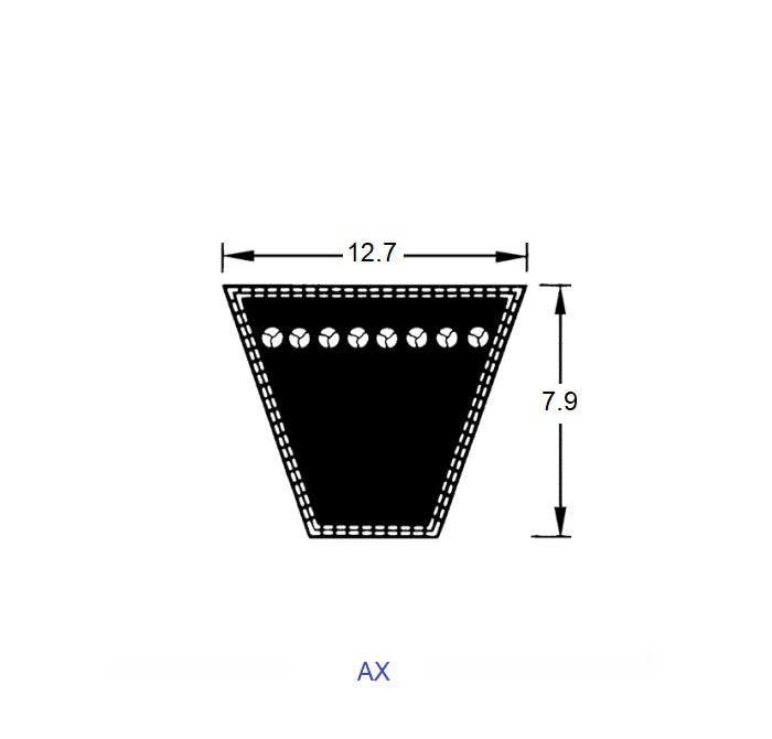 1228230 | BV12-02134-AX84 (Each) --- Vee Belts - 2133.6 - 84.0 in. - mm - - - 12.7 x 7.9mm Notched AX - Natural Rubber - Raw Edge Belt