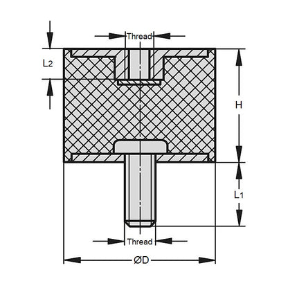 1089307 | CMF010-08-040M-R60 --- Bobbin Mounts - 10x8 mm - M4x0.7 Male to Female - Natural Rubber Mount