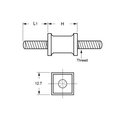1100742 | CMM013-14-042C-R60SQ --- Square Base Bobbin Mounts - 12.7x14.3 mm - 8-32 UNC - 32 TPI - - Natural Rubber Mount