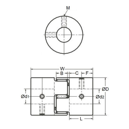 1071106 | CP-064-095-20-030-J-PU92G --- Spider Type C Complete Couplings - 6.35x9.525x20 mm - Aluminium with 92 Duro White Spider