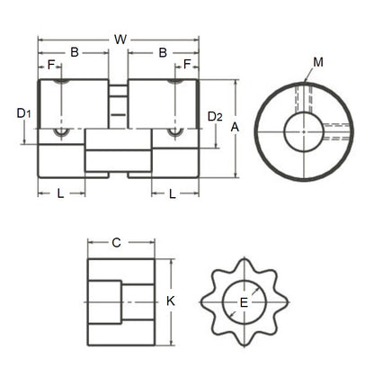 1070154 | CP-064-064-20-034-J-SPLN-X --- Spline Type Couplings - 6.35x6.35x20 mm Complete - Aluminium and Rubber Coupling