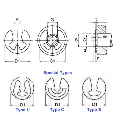 1043779 | ECL-0023-0030-C (100 Pcs) --- E-Clips Retaining Rings - 3x2.3x0.6 mm - Carbon Steel