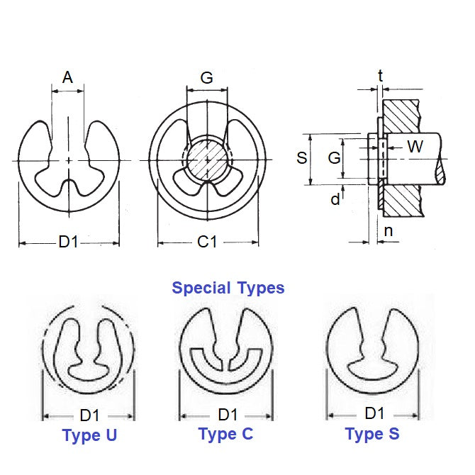 1041737 | ECL-0022-0028-CZ (PK-20) --- E-Clips Retaining Rings - 2.79x2.18x0.56 mm Basic - Carbon Steel Zinc Plated E-Clip