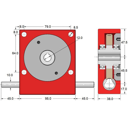 1097440 | P45-12 --- Cross Axis Gearboxes - Ratio 12 to 1 21&#176;20 min 5 110 x 95 x 38mm - Steel Gearbox