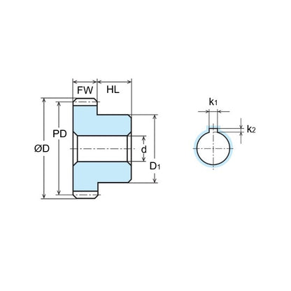 1126163 | G022B-022-M1-080-100F-CGK --- Spur Gears - 22 tooth - 22x10 mm Hubbed - Carbon Steel S45C Gear