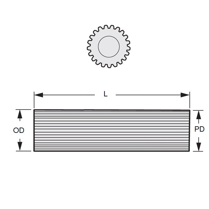 1083510 | G007L-09-D32-0300-C (Length) --- Pinion Wire 32DP Gears - 9 tooth - 8.738x300 mm - Carbon steel Gear