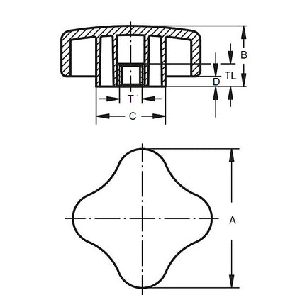 1110725 | KF159C-080-4L --- Lobe Knobs - 5/8-11 UNC - 15.88mm - 80.01x23.9 mm Four Lobe - Brass Knob