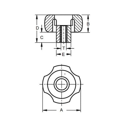 1072205 | KF064C-020-4L-P --- Lobe Knobs - 1/4-20 UNC - 6.35mm - 20.07x9.7 mm Four Lobe - Brass Knob
