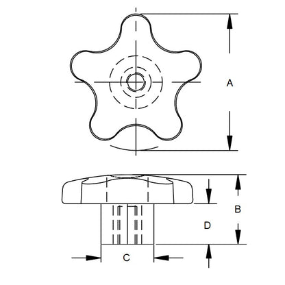 1086859 | KF095C-057-5L-PA --- Lobe Knobs - 3/8-16 UNC - 9.53mm - 57.15x25.4 mm Five Lobe - Steel with Knob Lock