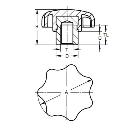 1053697 | KF040M-025-7L-ST --- Lobe Knobs - M4 - 4x0.7mm - 25x10 mm Seven Lobe - Steel Knob