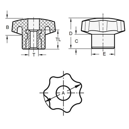 1226025 | KF080M-032-7L-P --- Lobe Knobs - M8 - 8x1.25mm - 32x20 mm Seven Lobe - Brass Knob