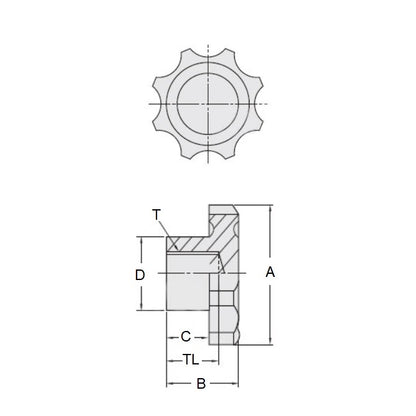 1092096 | KF100M-040-8L --- Lobe Knobs - M10 - 10x1.5mm - 40x17 mm Eight Lobe - Phenolic and Brass Knob