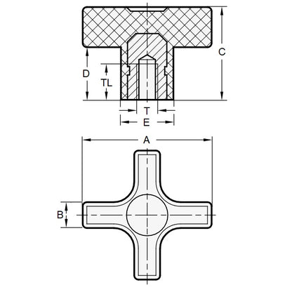 1072610 | KF064C-032-CB --- Cross Knobs - 1/4-20 UNC - 6.35mm - 31.75x11.1 mm Female - Brass Knob