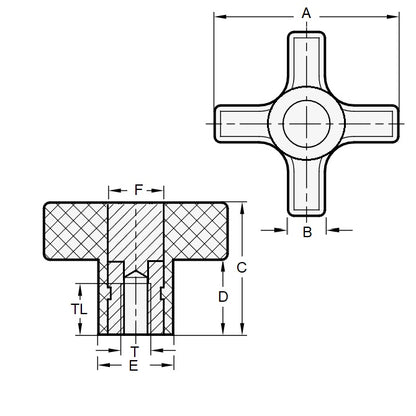 1073217 | KF064C-057-CH --- Cross Knobs - 1/4-20 UNC - 6.35mm - 57.15x15.9 mm Female - Brass Knob