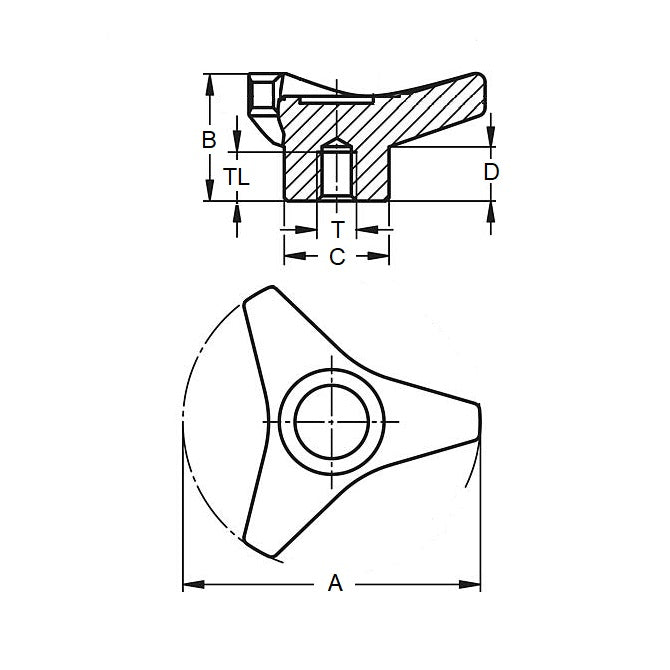 1118837 | KF159C-105-TRI-BHF (Each) --- Tri Knobs - 5/8-11 UNC - 15.88mm - 104.9 - - Blind Hole - Brass Knob