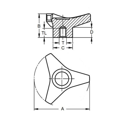 1226564 | KF100M-080-3LA (4 Pcs) --- Lobe Knobs - M10 - 10x1.5mm - 80x17 mm Three Lobe - Brass Knob