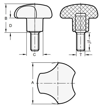 1086612 | KM095C-040-3L --- Lobe Knobs - 3/8-16 UNC - 9.53mm - 39.88x25.4 mm Three Lobe - Plated Steel Knob
