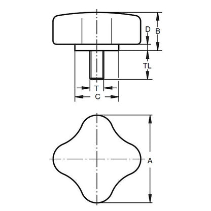 1057422 | KM048C-020-4L19 --- Lobe Knobs - 10-24 UNC - 4.76mm - 20.07x19.1 mm Four Lobe - Plated Steel Knob