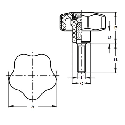 1081690 | KM080M-032-5L24 --- Lobe Knobs - M8 - 8x1.25mm - 32x24 mm Five Lobe - Steel Knob